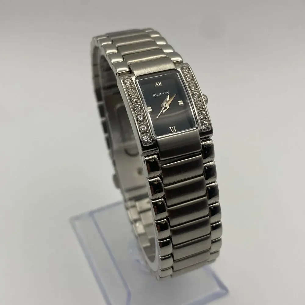 Elegant Ladies Regency Silver Tone Watch Black Dial Crystal Bezel